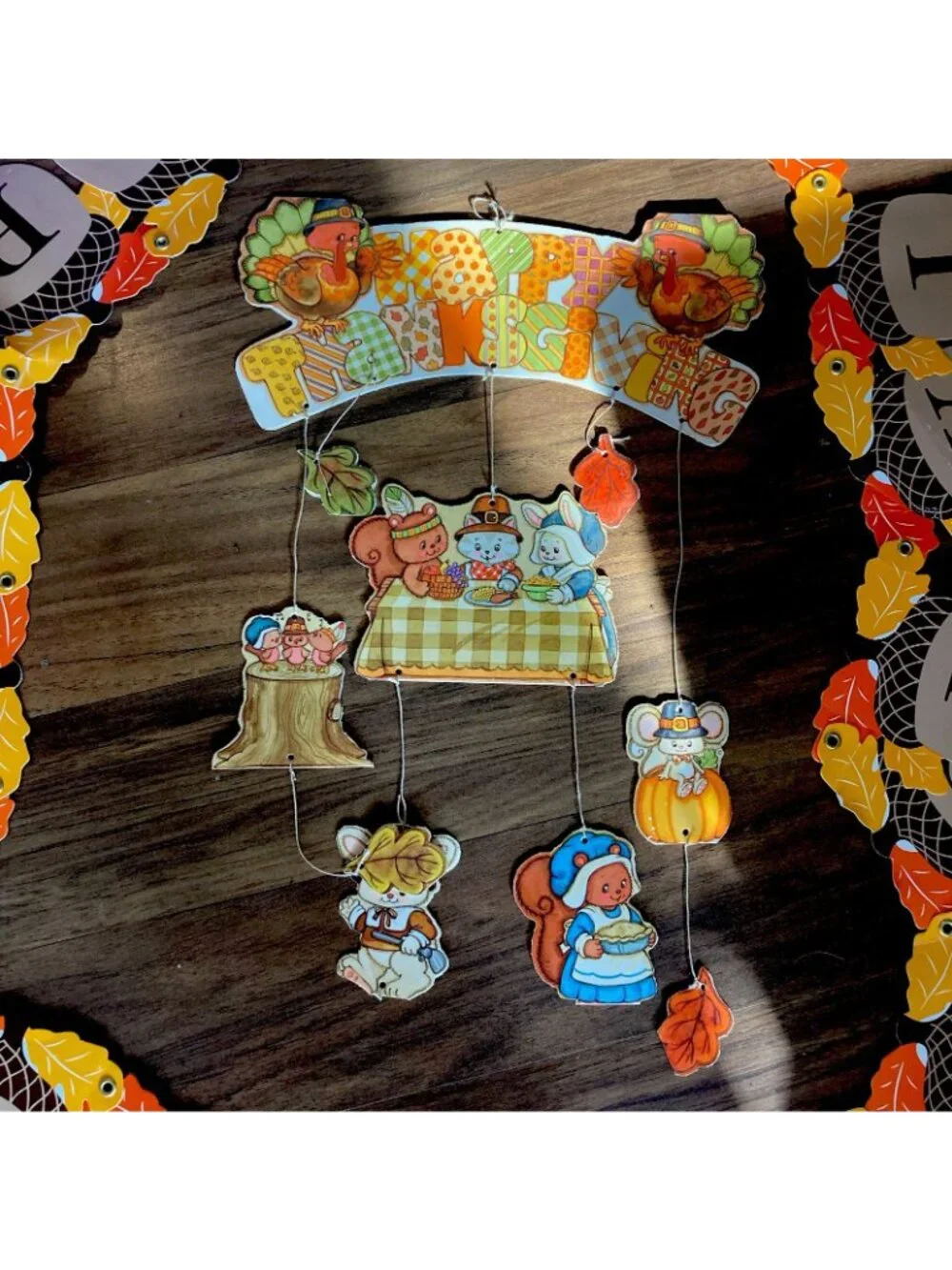 VTG Happy Thanksgiving Letter Garland w Leaf Acorn Cutouts Hanging 2 pc 1980’s